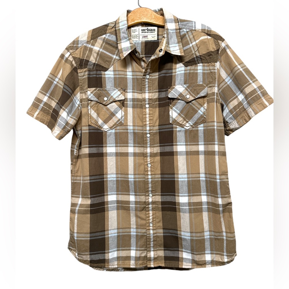 Urban Pipeline Shirt Mens L Brown Tan Plaid Pearl Snap Short Sleeve (4026)‎
